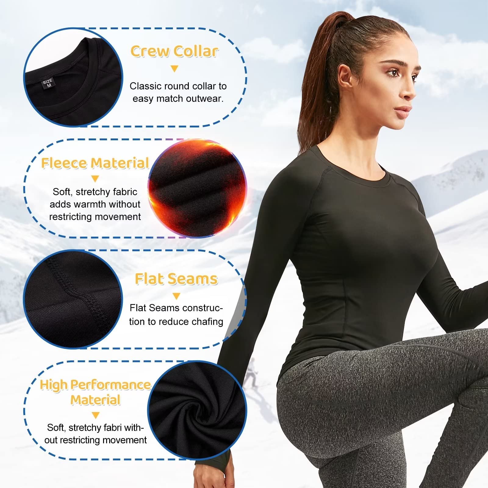 Womens Thermal Tops Long Sleeve Fleece Hiking Ski Base Layer Women Cold Weather Sports Gym Shirts Athletic Ladies Thermal Underwear Tops for Workout Running,Quick Dry Moisture Wicking 5021 Black M