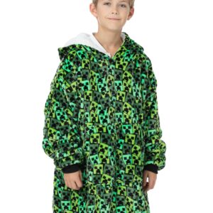 Minecraft Boys Oversized Blanket Hoodie | Boys Creeper Villain Enemy Double Lined Sherpa Fleece Green Sweater