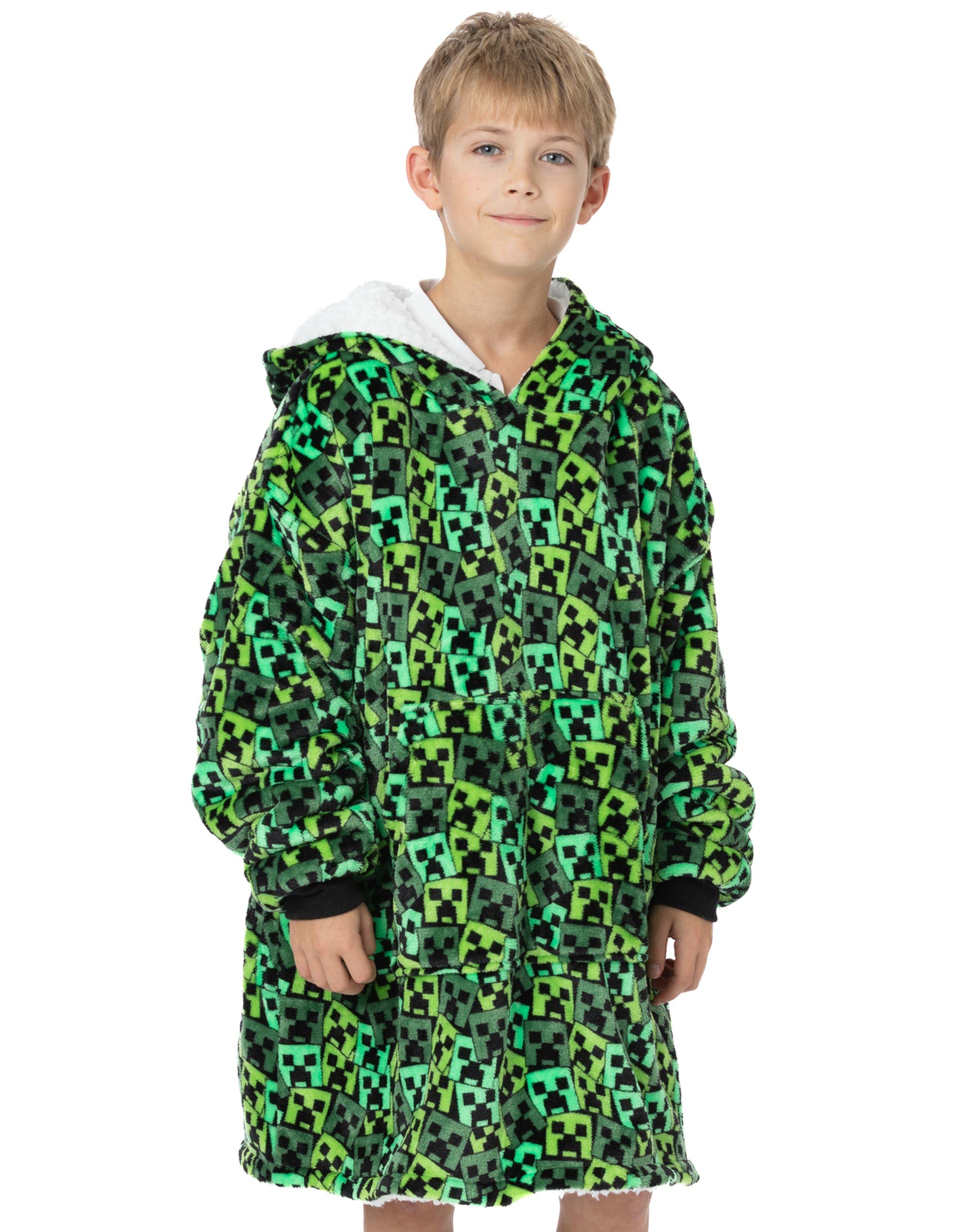 Minecraft Boys Oversized Blanket Hoodie | Boys Creeper Villain Enemy Double Lined Sherpa Fleece Green Sweater