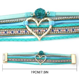 Suyi Multilayer Leather Wrap Bracelet Wide Cuff Bracelets for Women Heart-shape Light Blue