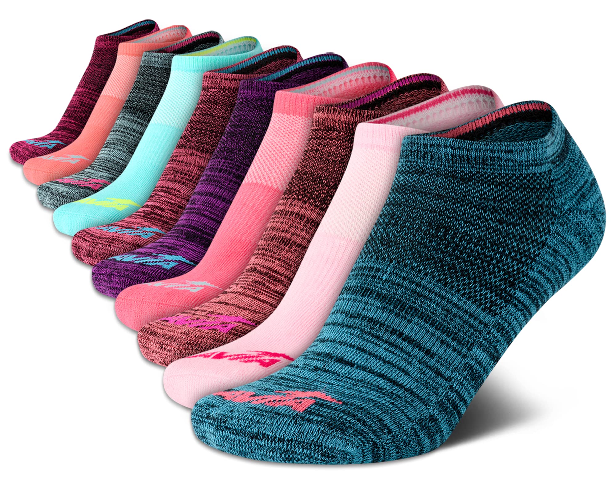 Avia Girls' Socks - 10 Pack Athletic Low Cut No Show Cushioned Liners, Size Medium, Turquoise Multi