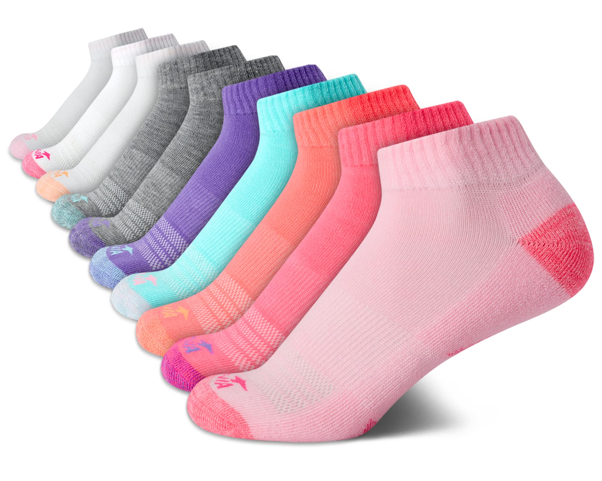 Avia Girls Athletic Performance Cushion Quarter Cut Ankle Socks (10 Pack), Size Large, Pink Assorted