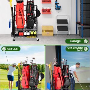 FHXZH Golf Bag Storage Garage Organizer- Golf Bag Stand Fit for 2 Golf Bags and Golf Clubs, Golf Balls, Golf Equipment Accessories, Extra Large Golf Bag Storage Rack for Garage, Club, Shed, Basement