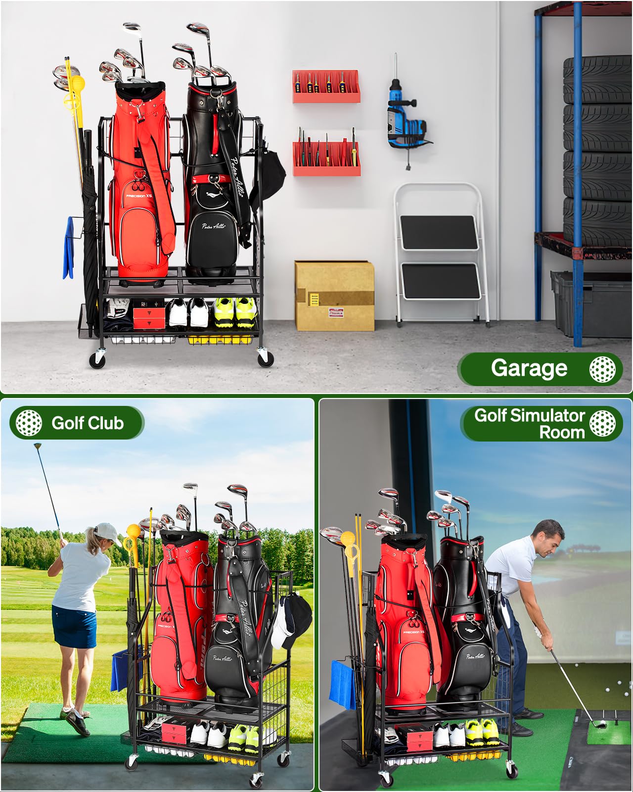 FHXZH Golf Bag Storage Garage Organizer- Golf Bag Stand Fit for 2 Golf Bags and Golf Clubs, Golf Balls, Golf Equipment Accessories, Extra Large Golf Bag Storage Rack for Garage, Club, Shed, Basement