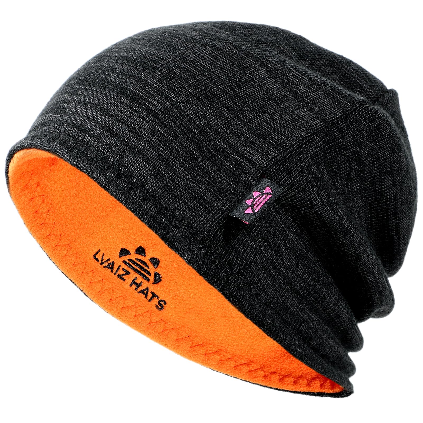 Lvaiz Winter Fleece Lined Knitted Beanie Hats for Men Reversible Windproof Watch Hat Warm Skull Cap for Women(Black+Orange)