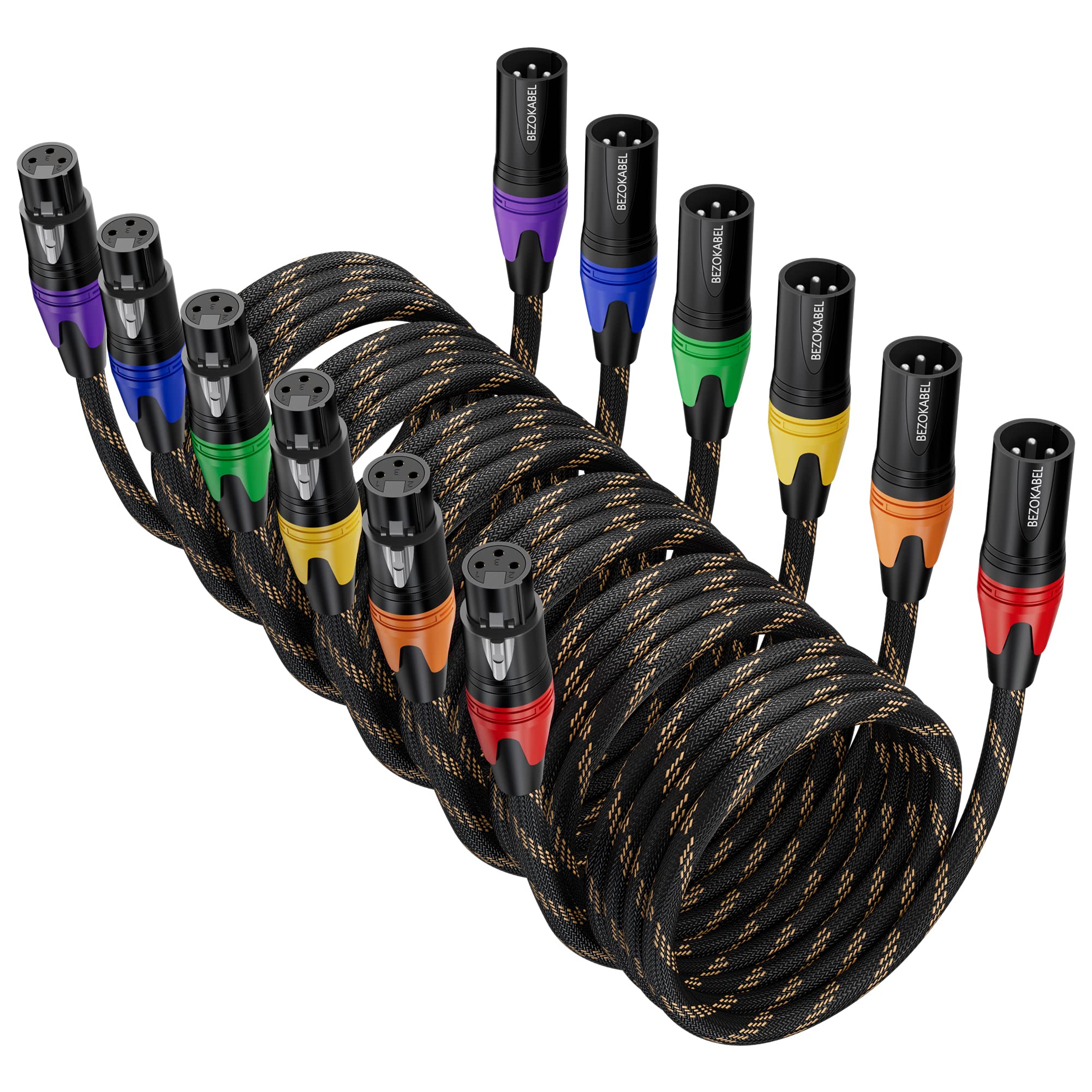 XLR Cable, Microphone Cables 25ft 6 Pack, BEZOKABLE Braided XLR Male to Female 3 Pin Colorful Connector Compatible with Microphones, Mixer, Speaker Systems and More