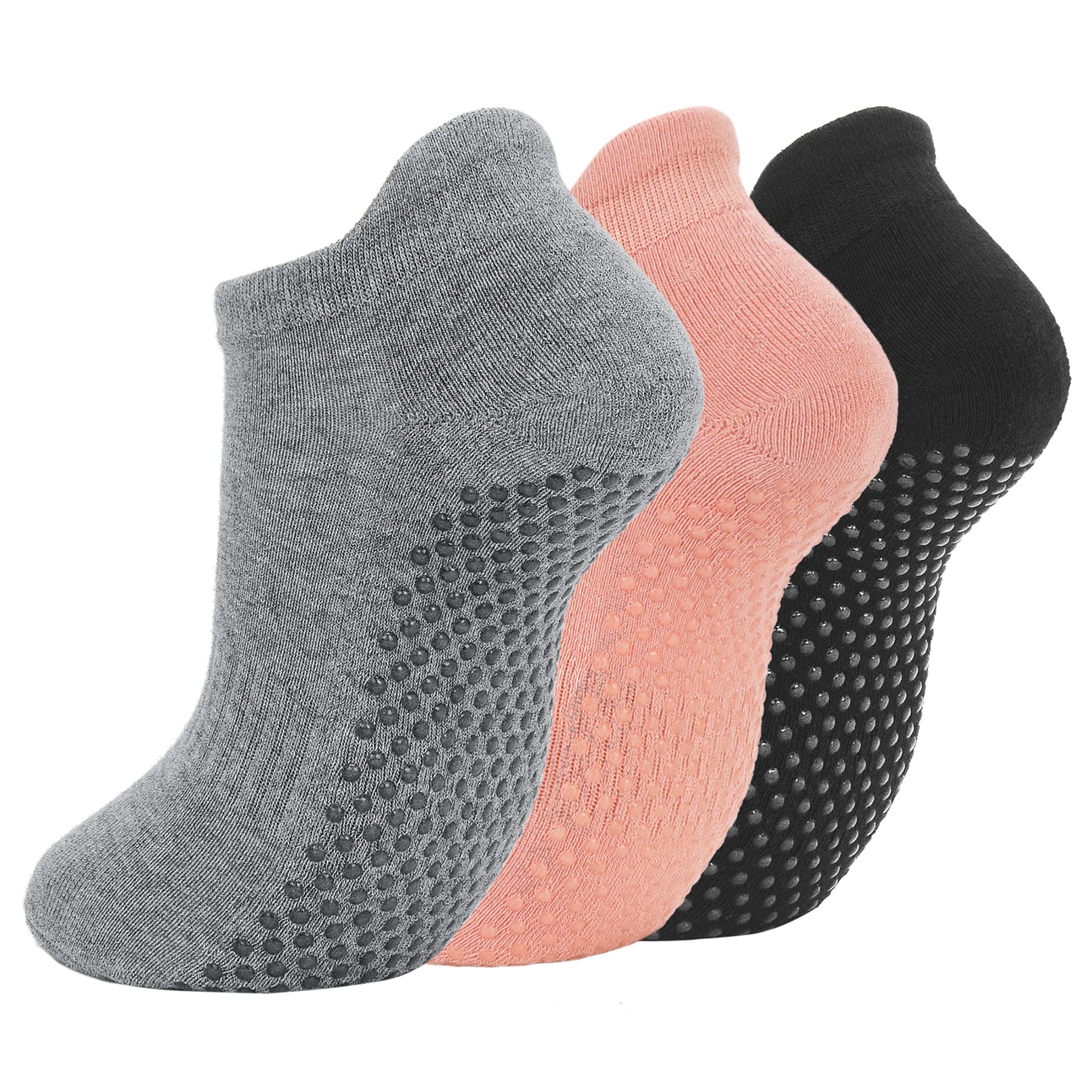 Yoga Socks for Women With Grips Non Slip Grip Socks Anti Skid Hospital Socks Slipper Socks for Home,Pilates,Barre B 3 Pairs Grey&Nude&Black One Size