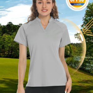 TACVASEN Women's Golf Shirts V Neck Short Sleeve Collarless Active Exercise Tops, Light Grey, L