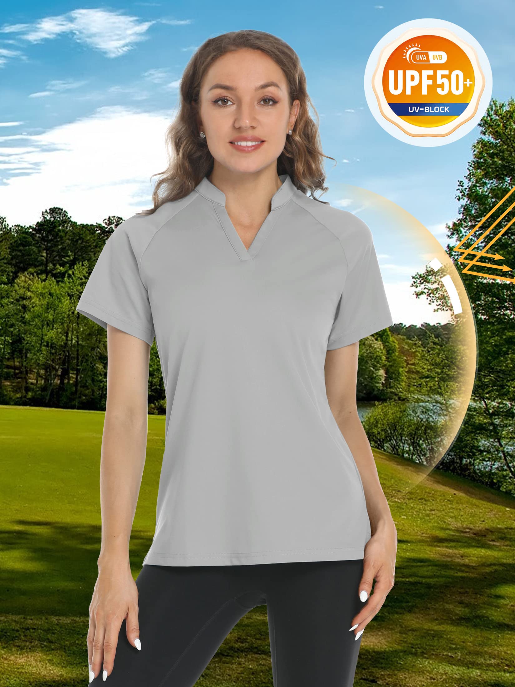 TACVASEN Women's Golf Shirts V Neck Short Sleeve Collarless Active Exercise Tops, Light Grey, L