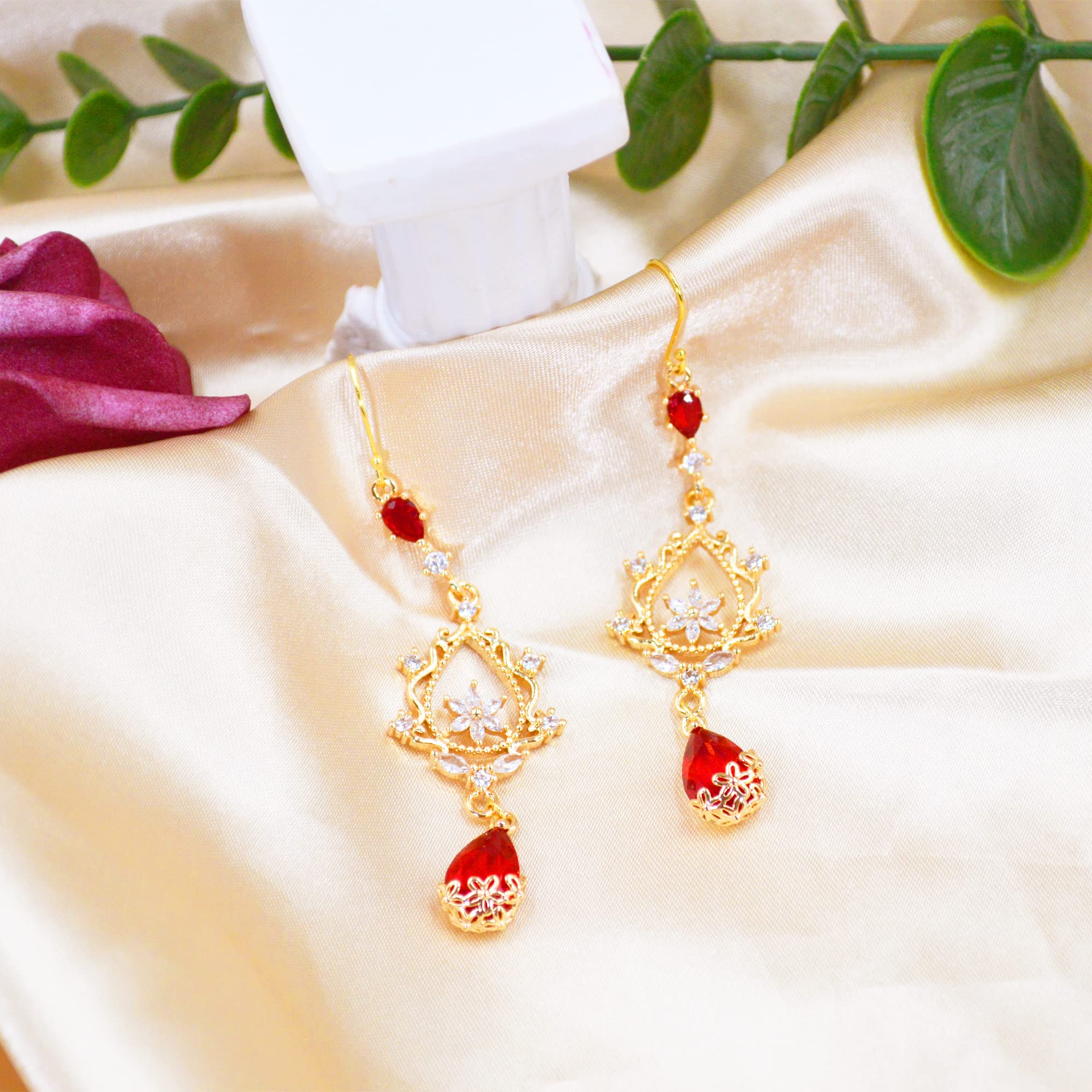 MOMOCAT 18K Gold Plated Flowers Red Ruby Dangle Hook Earrings for Women Western Chandelier Teardrop Christmas Fringe Statement Tassel Earrings for Women Dangling Vintage Jewelry