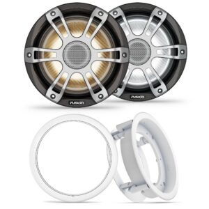 fusion 1 pair sg-fl773spg 7.7" signature i3 series rgb led marine coax gray sport grills with 1 pair fusion ms-fm77kit 7.7" white flush mount kit