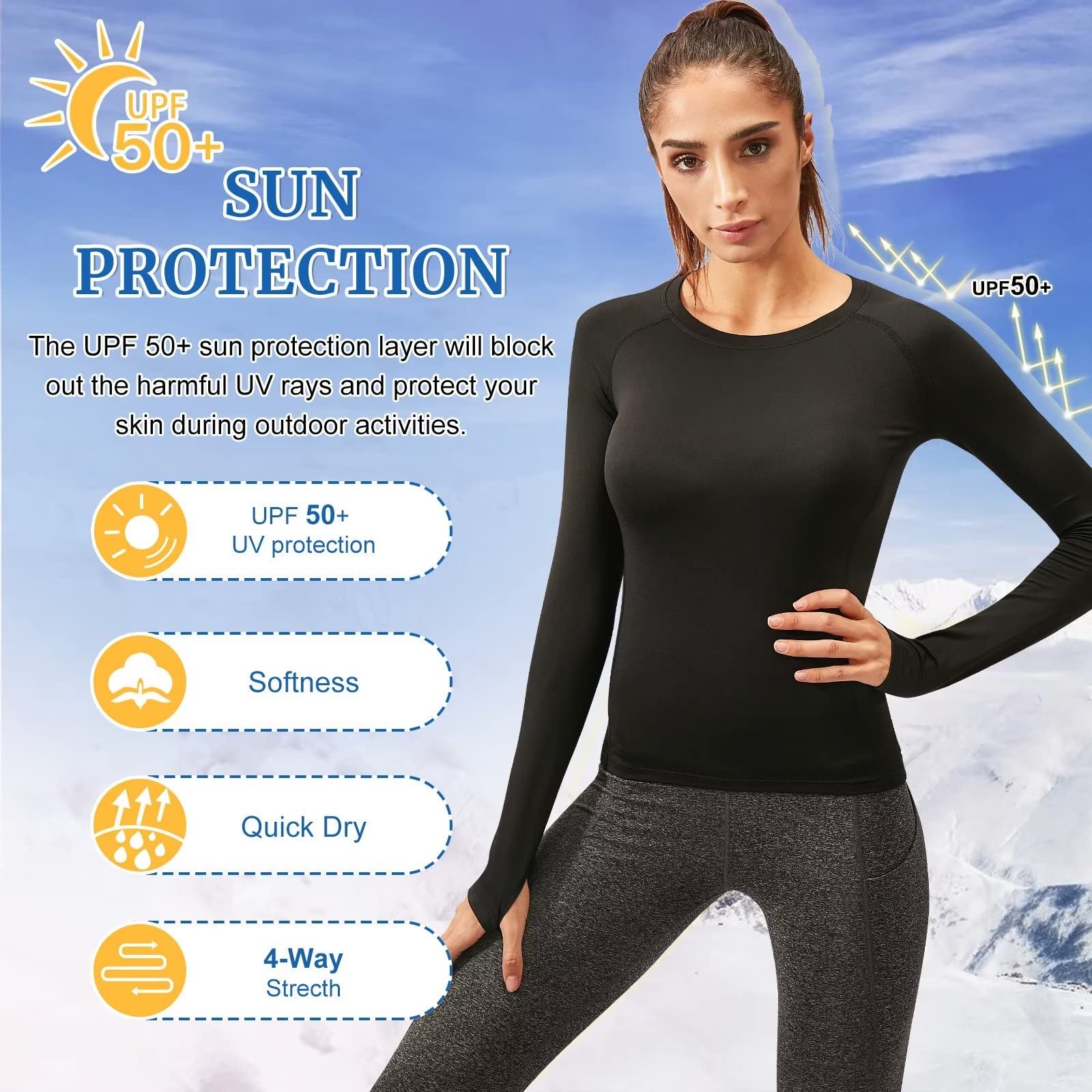 Womens Thermal Tops Long Sleeve Fleece Hiking Ski Base Layer Women Cold Weather Sports Gym Shirts Athletic Ladies Thermal Underwear Tops for Workout Running,Quick Dry Moisture Wicking 5021 Black M