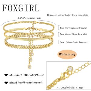 Foxgirl Dainty Gold Bracelets for Women, 14k Gold Plated Layered Bracelets Simple Cute Gold Herringbone Cuban Chain Bracelets for Women Aesthetic Jewelry Gifts