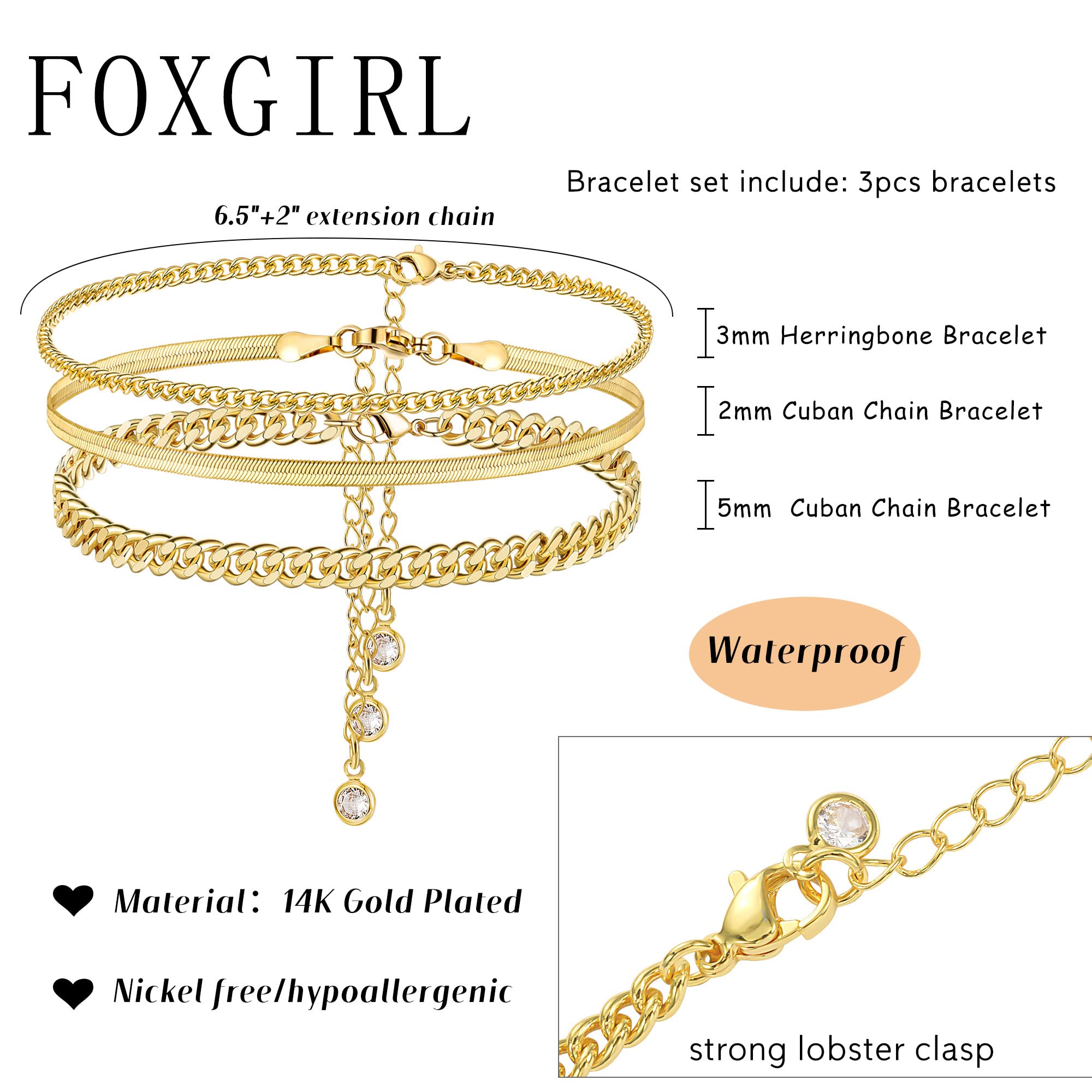 Foxgirl Dainty Gold Bracelets for Women, 14k Gold Plated Layered Bracelets Simple Cute Gold Herringbone Cuban Chain Bracelets for Women Aesthetic Jewelry Gifts