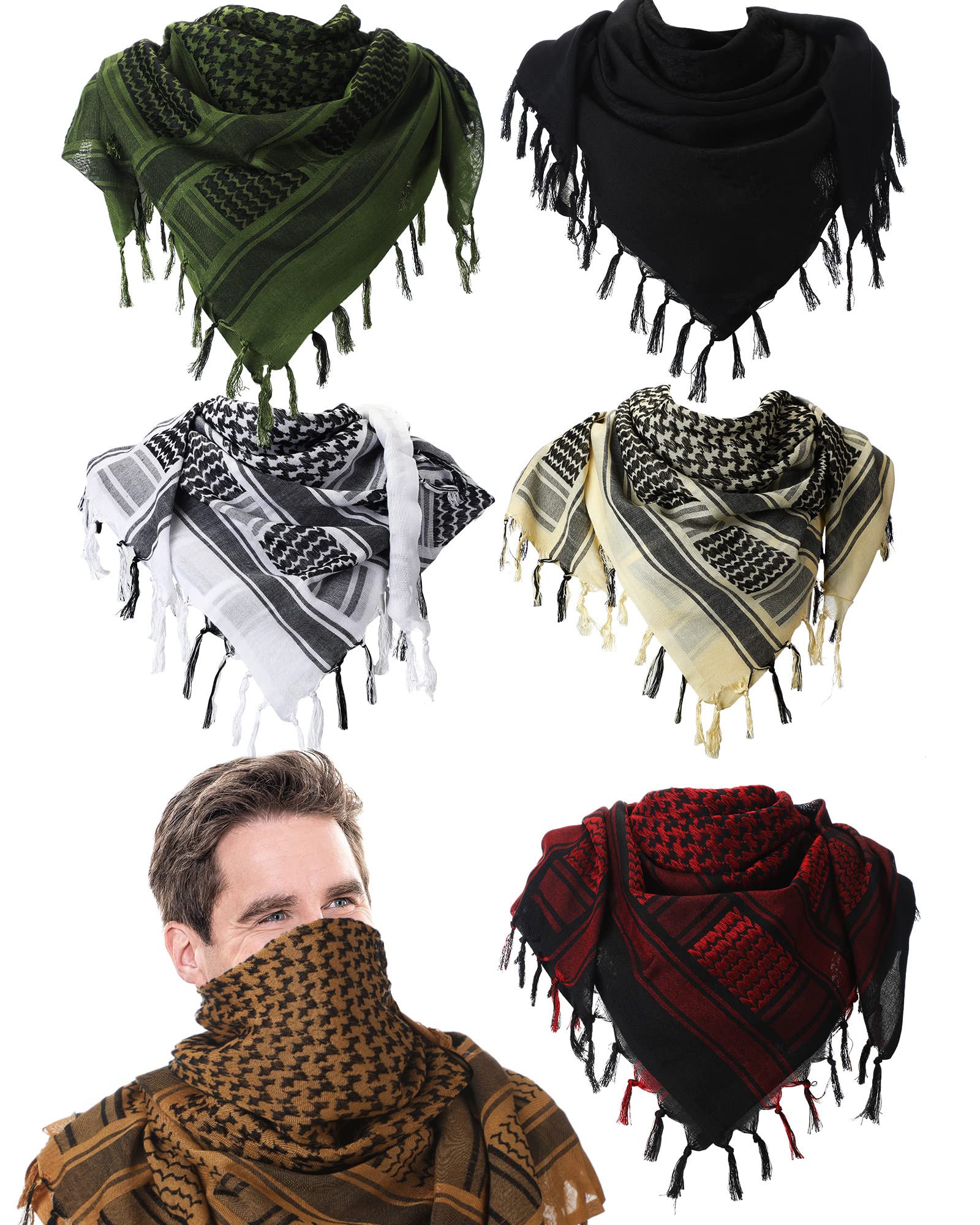 6 Pcs Military Shemagh Tactical Desert Scarf Shemagh Scarf Men Neck Head Wraps for Men Cotton Keffiyeh Arab Wrap with Tassel, 43 x 43 Inch