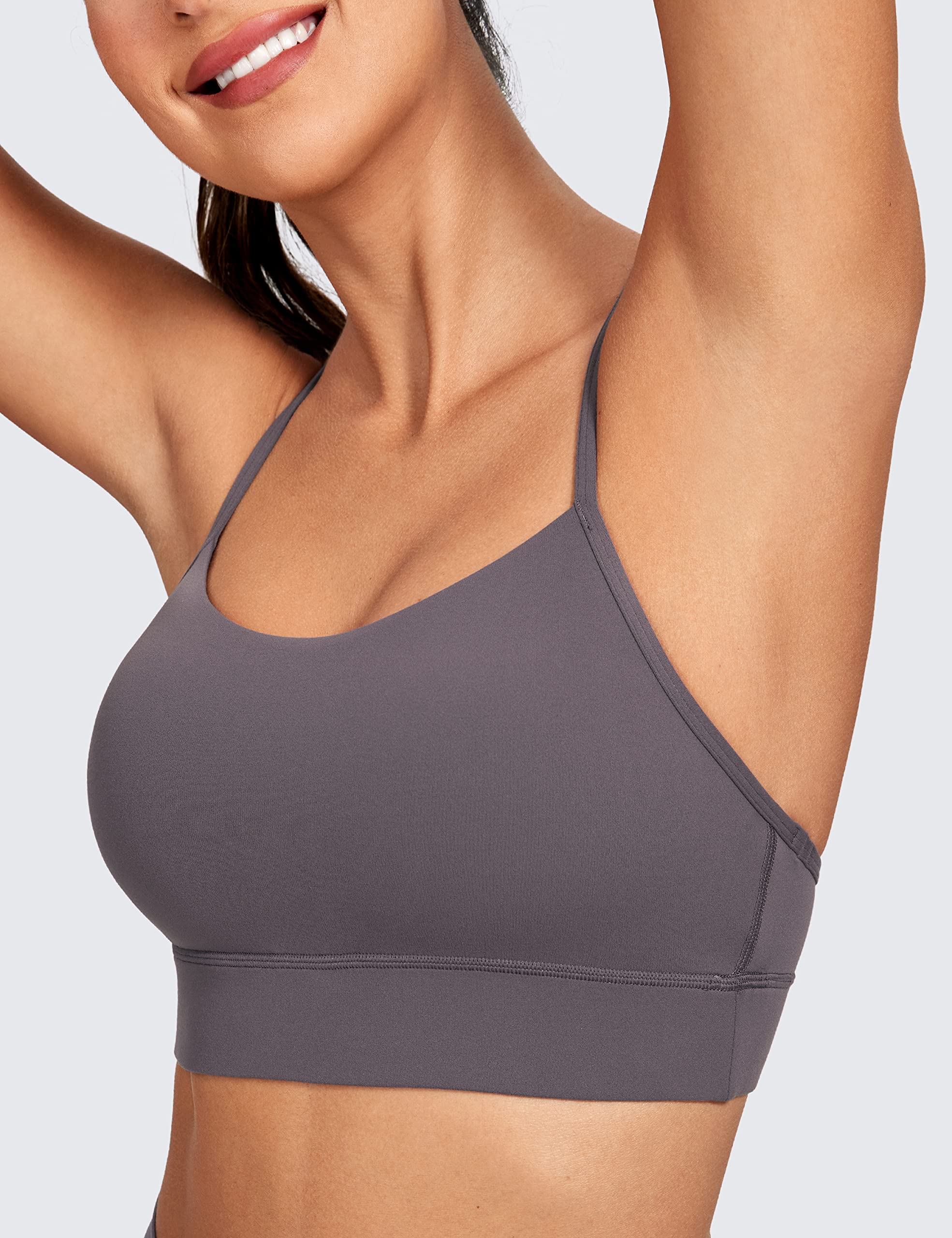 CRZ YOGA Butterluxe Womens Y-Back Racerback Sports Bra - Spaghetti Straps Wireless Scoop Neck Athletic Padded Yoga Bra Tornado Grey Small