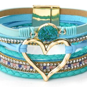 Suyi Multilayer Leather Wrap Bracelet Wide Cuff Bracelets for Women Heart-shape Light Blue