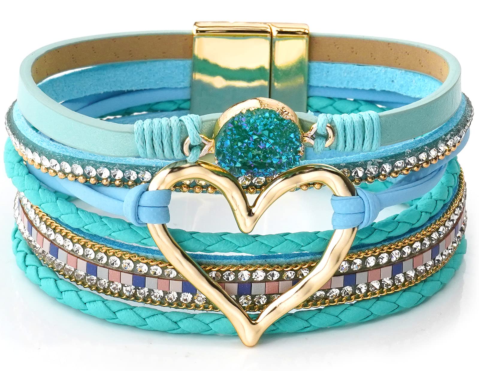 Suyi Multilayer Leather Wrap Bracelet Wide Cuff Bracelets for Women Heart-shape Light Blue