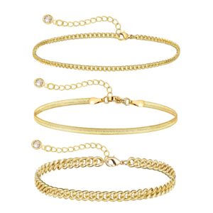 Foxgirl Dainty Gold Bracelets for Women, 14k Gold Plated Layered Bracelets Simple Cute Gold Herringbone Cuban Chain Bracelets for Women Aesthetic Jewelry Gifts