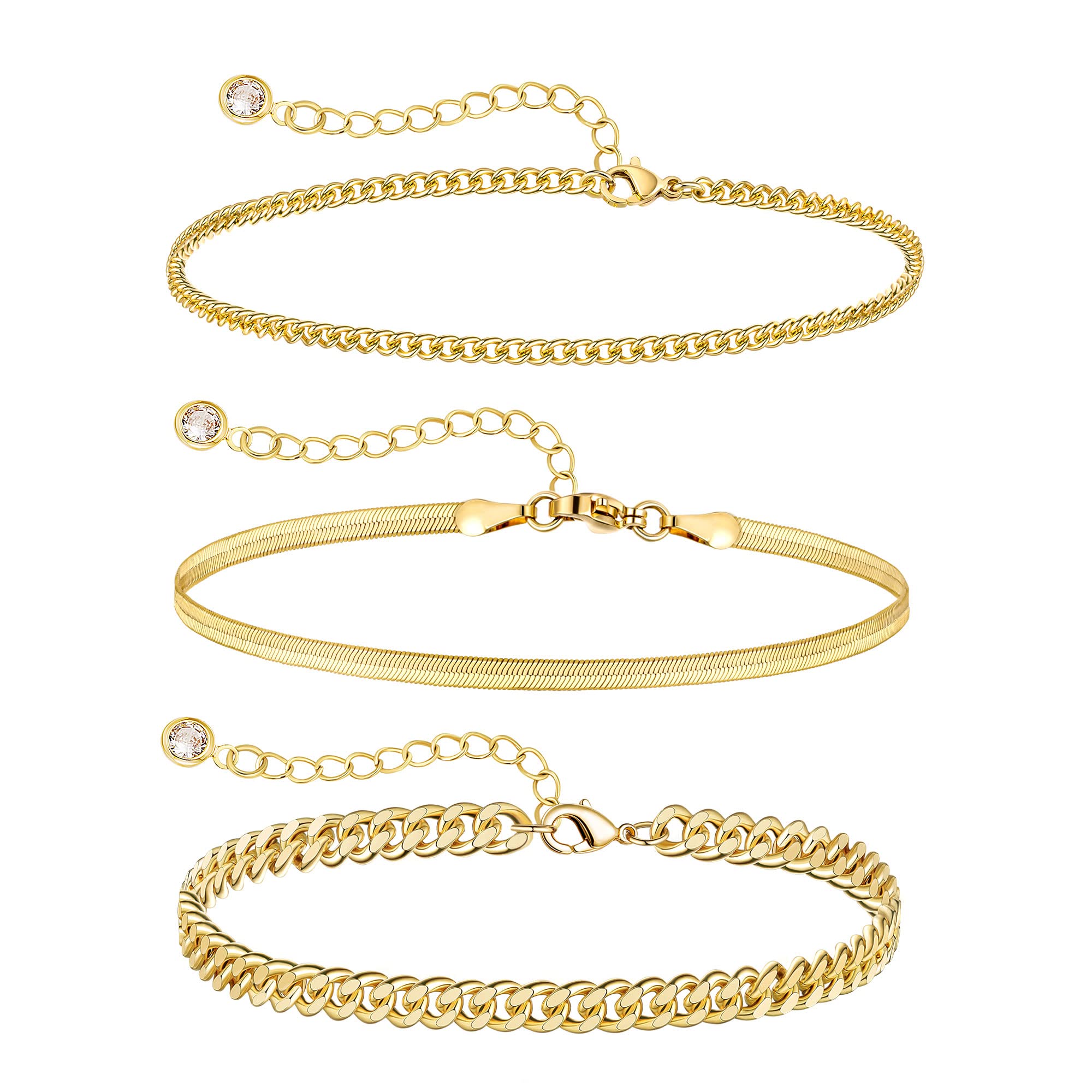 Foxgirl Dainty Gold Bracelets for Women, 14k Gold Plated Layered Bracelets Simple Cute Gold Herringbone Cuban Chain Bracelets for Women Aesthetic Jewelry Gifts