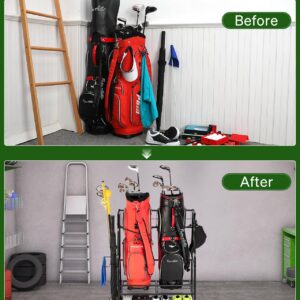 FHXZH Golf Bag Storage Garage Organizer- Golf Bag Stand Fit for 2 Golf Bags and Golf Clubs, Golf Balls, Golf Equipment Accessories, Extra Large Golf Bag Storage Rack for Garage, Club, Shed, Basement