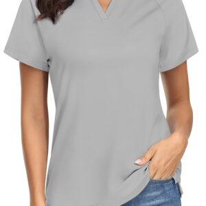 TACVASEN Women's Golf Shirts V Neck Short Sleeve Collarless Active Exercise Tops, Light Grey, L