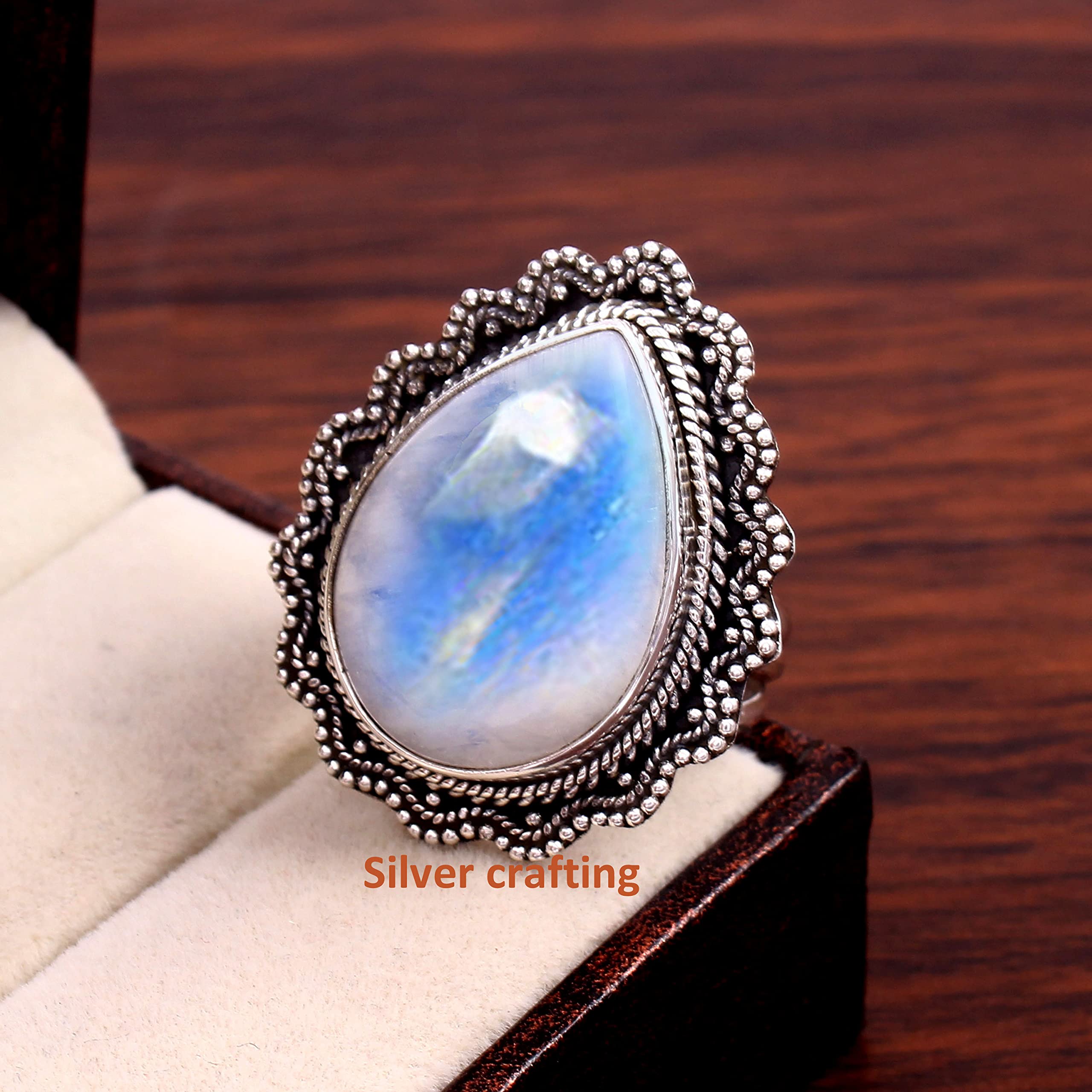 Queen look rainbow moonstone Bohemian ring gemstone 925 sterling silver ring Silver band jewelry (10.5)