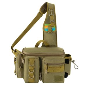 THKFISH Fishing Tackle Bag Fly Fishing Bag Sling Pack Portable Fishing fanny pack Waist Pack with D-Rings and Waist Strap Khaki