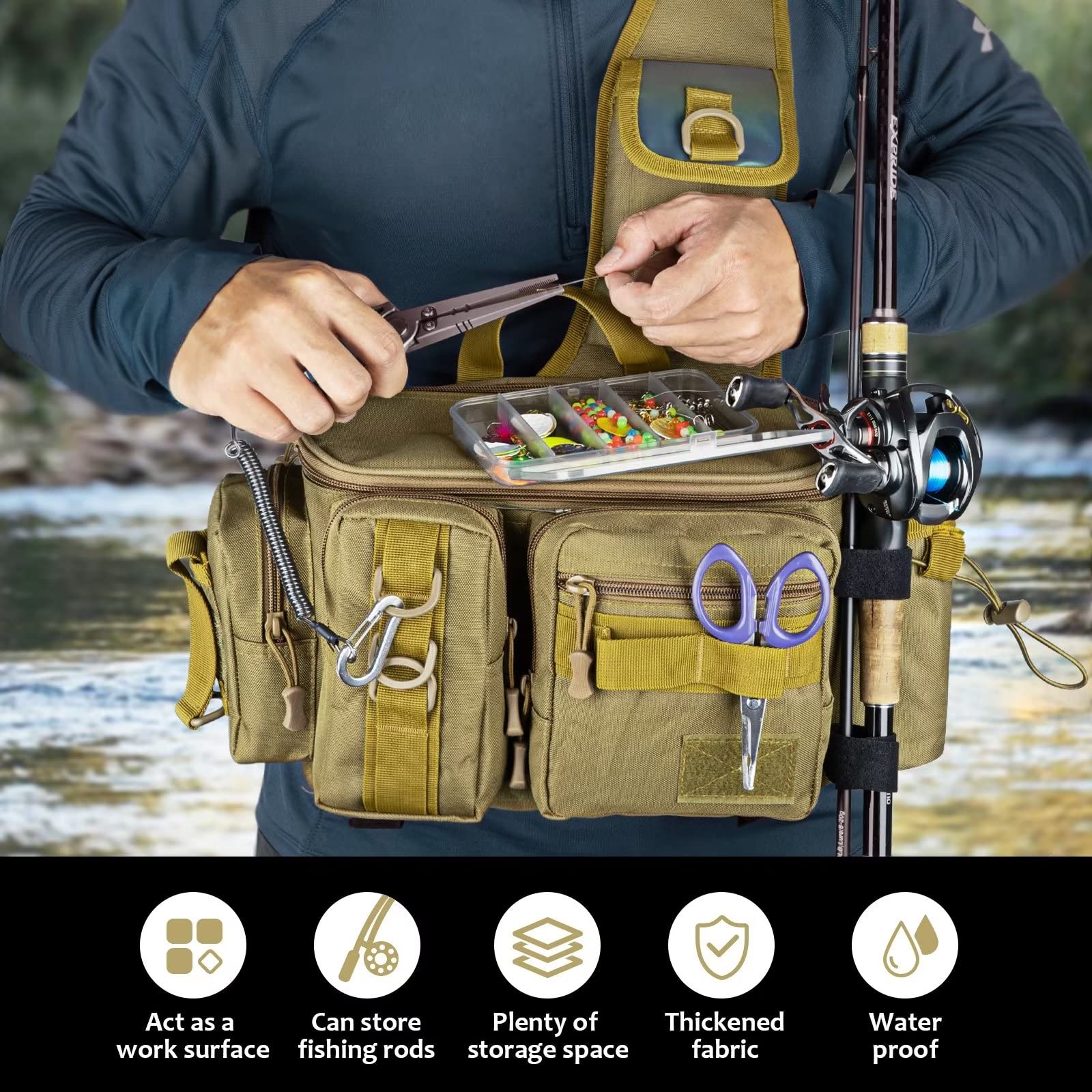 THKFISH Fishing Tackle Bag Fly Fishing Bag Sling Pack Portable Fishing fanny pack Waist Pack with D-Rings and Waist Strap Khaki