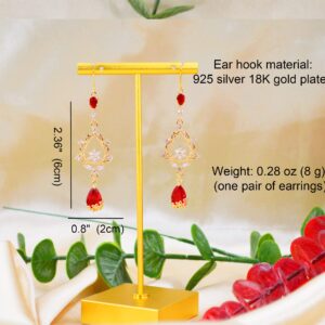 MOMOCAT 18K Gold Plated Flowers Red Ruby Dangle Hook Earrings for Women Western Chandelier Teardrop Christmas Fringe Statement Tassel Earrings for Women Dangling Vintage Jewelry