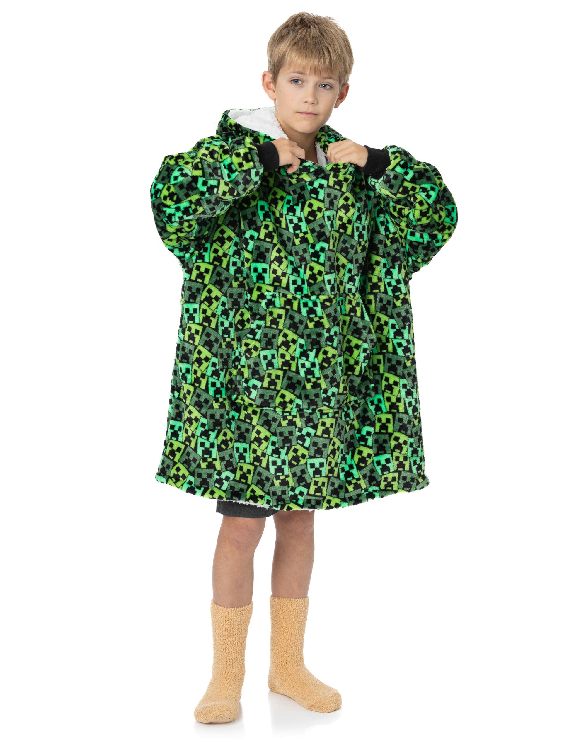 Minecraft Boys Oversized Blanket Hoodie | Boys Creeper Villain Enemy Double Lined Sherpa Fleece Green Sweater