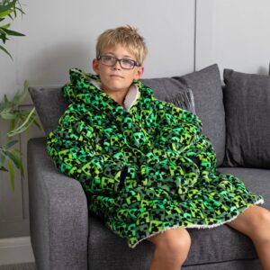 Minecraft Boys Oversized Blanket Hoodie | Boys Creeper Villain Enemy Double Lined Sherpa Fleece Green Sweater