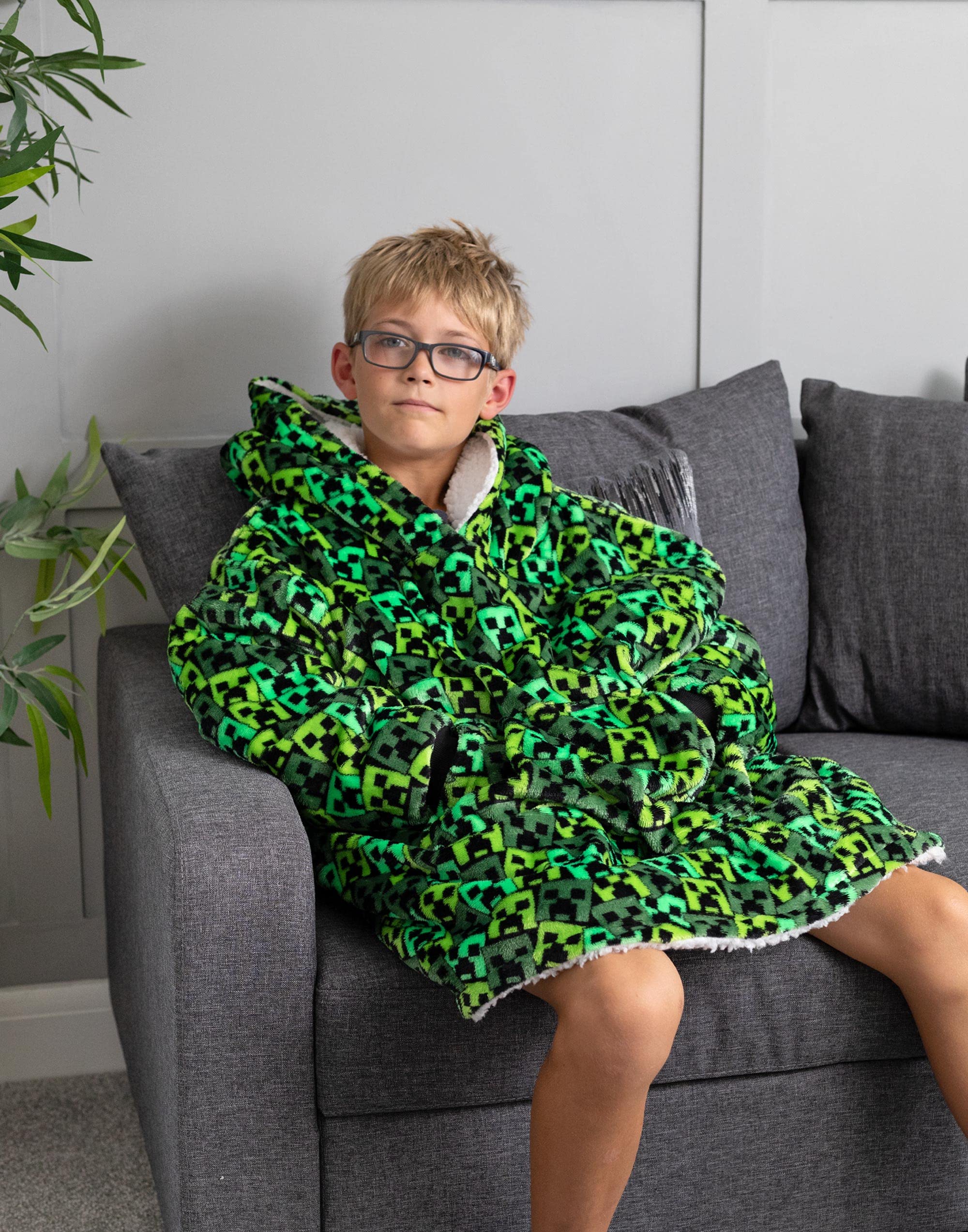 Minecraft Boys Oversized Blanket Hoodie | Boys Creeper Villain Enemy Double Lined Sherpa Fleece Green Sweater