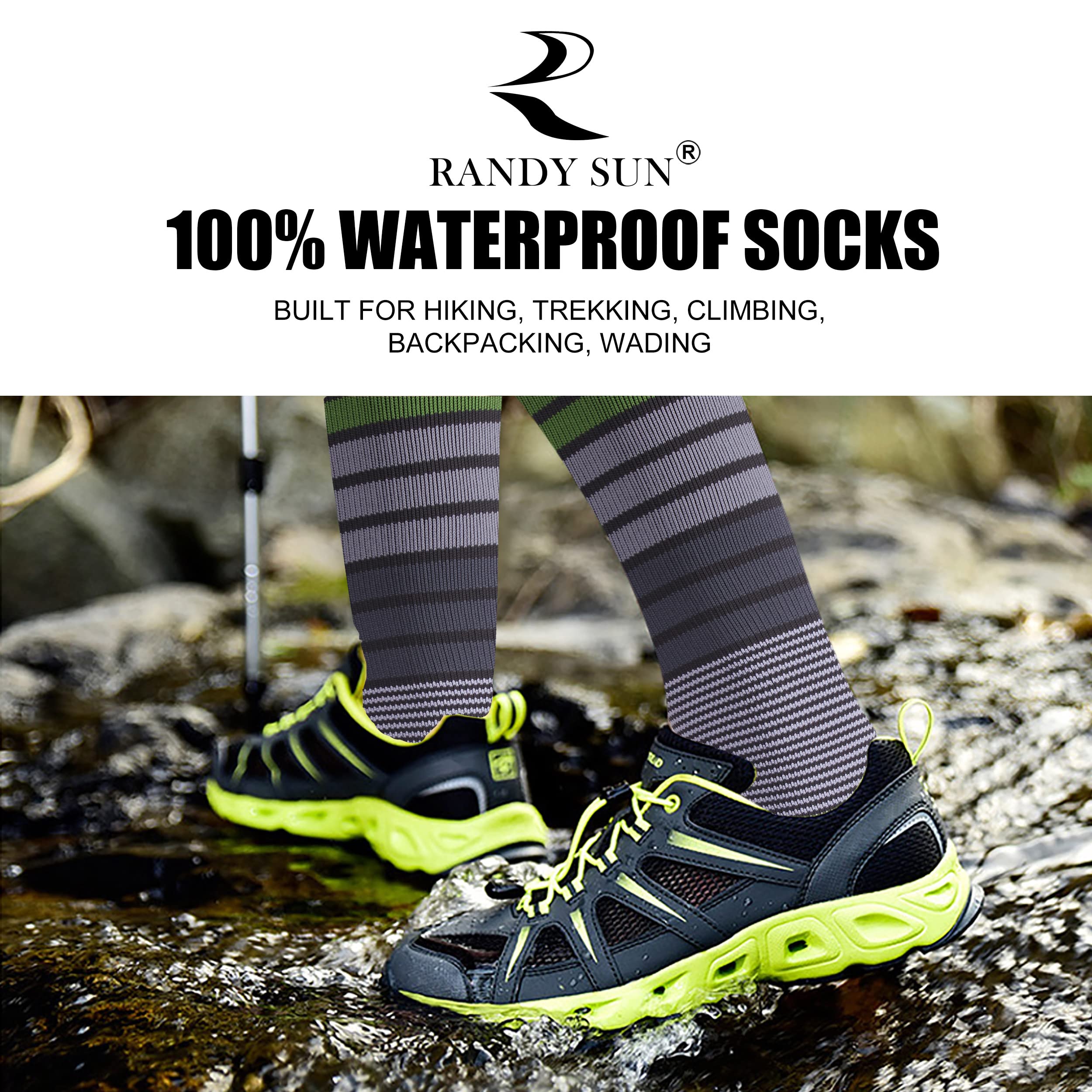 RANDY SUN Waterproof Breathable Socks, Youth Women Knee High Neoprene Socks Keep Your Feet Dry Warm Paddling Hiking Wader Socks Gray&Green