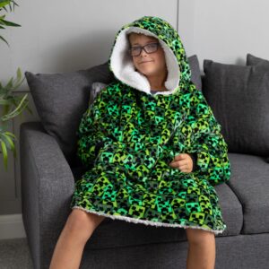 Minecraft Boys Oversized Blanket Hoodie | Boys Creeper Villain Enemy Double Lined Sherpa Fleece Green Sweater