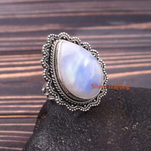 Queen look rainbow moonstone Bohemian ring gemstone 925 sterling silver ring Silver band jewelry (10.5)