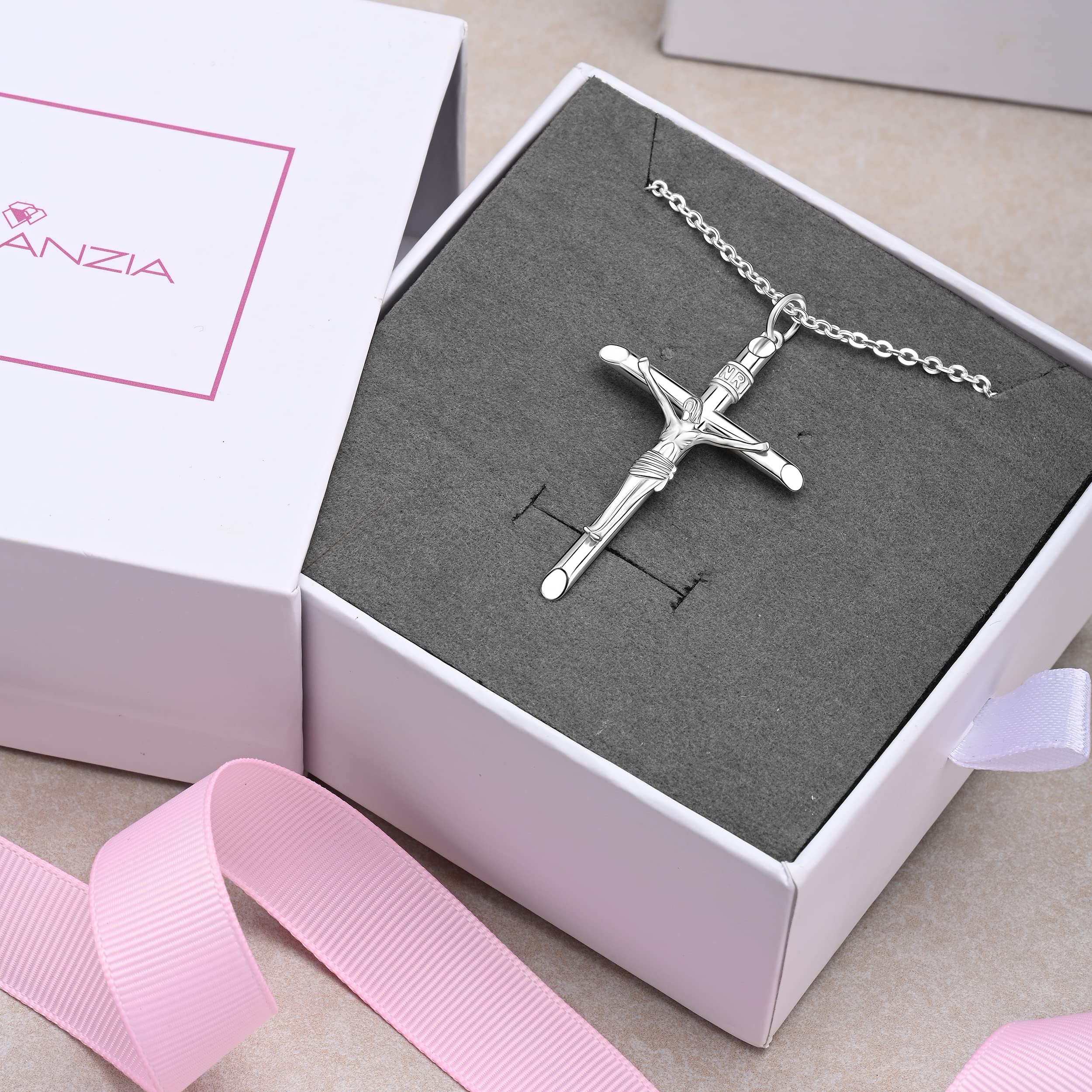 ELEGANZIA Sterling Silver Crucifix Necklace Women Cross Necklace for Men Catholic, Crucifix Pendant with Adjustable 22-24 Inch Silver Necklace Chain Cross Pendant