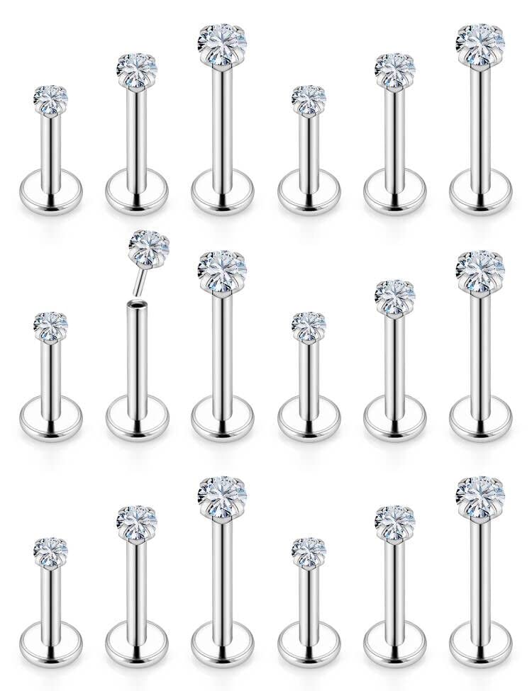 16G Threadless Push in Lip Rings Stainless Surgical Steel Labret Jewelry Monroe Lip Rings Nail Cartilage Tragus Helix Earrings Studs Nose Ring Medusa Piercing Jewelry For Women Men 10MM Length 3MM CZ