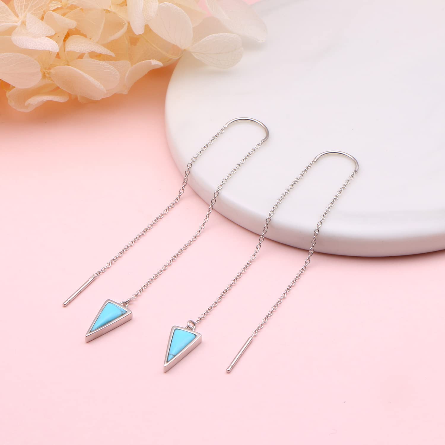 Threader Earrings Triangle Earrings Sterling Silver Created Turquoise Dangle Drop Long Chain Earring for Women Thread Earrings (turquoise)