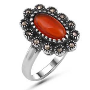 lombardy jewelry oval shape natural carnelian stone genuine 925 sterling silver halo marcasite oxidized vintage style statement luxury ring for women (7)