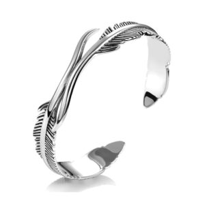 futimely silver leaf bracelet vintage adjustable feather bracelet trendy hollow rose flower leaves cuff bangle wedding bangle for women men (silver feather bracelet)