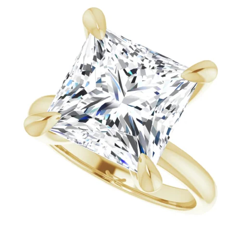 Handmade Solid Gold Engagement Ring, 5 Carats Princess Cut Moissanite Solitaire Ring, Wedding / Bridal Rings for Women/Her, Anniversary Propose Gifts Ring, 925 Silver, 10K/14K/18K (925 Silver (Yellow Gold Plated))