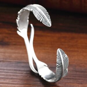 FUTIMELY Silver Leaf Bracelet Vintage Adjustable Feather Bracelet Trendy Hollow Rose Flower Leaves Cuff Bangle Wedding Bangle for Women Men (Silver Feather Bracelet)