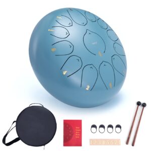 vixxnoxx steel tongue drum, 12 inch 13 note rain drum for outside garden, chakra tank drum rain chime, handpan c key musical percussion instrument kit with bag mallets (moss blue)