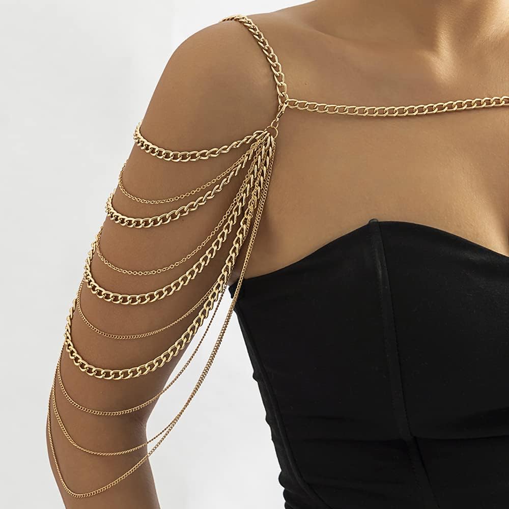 Missgrace Bride Women Shiny Statement Tassel Body Chain Jewelry Shawl Silver Gold Dainty Body Jewelry Layered Shoulder Chain Wedding Party Nightclub Body Accessories Jewelry for Women Bride (Gold)