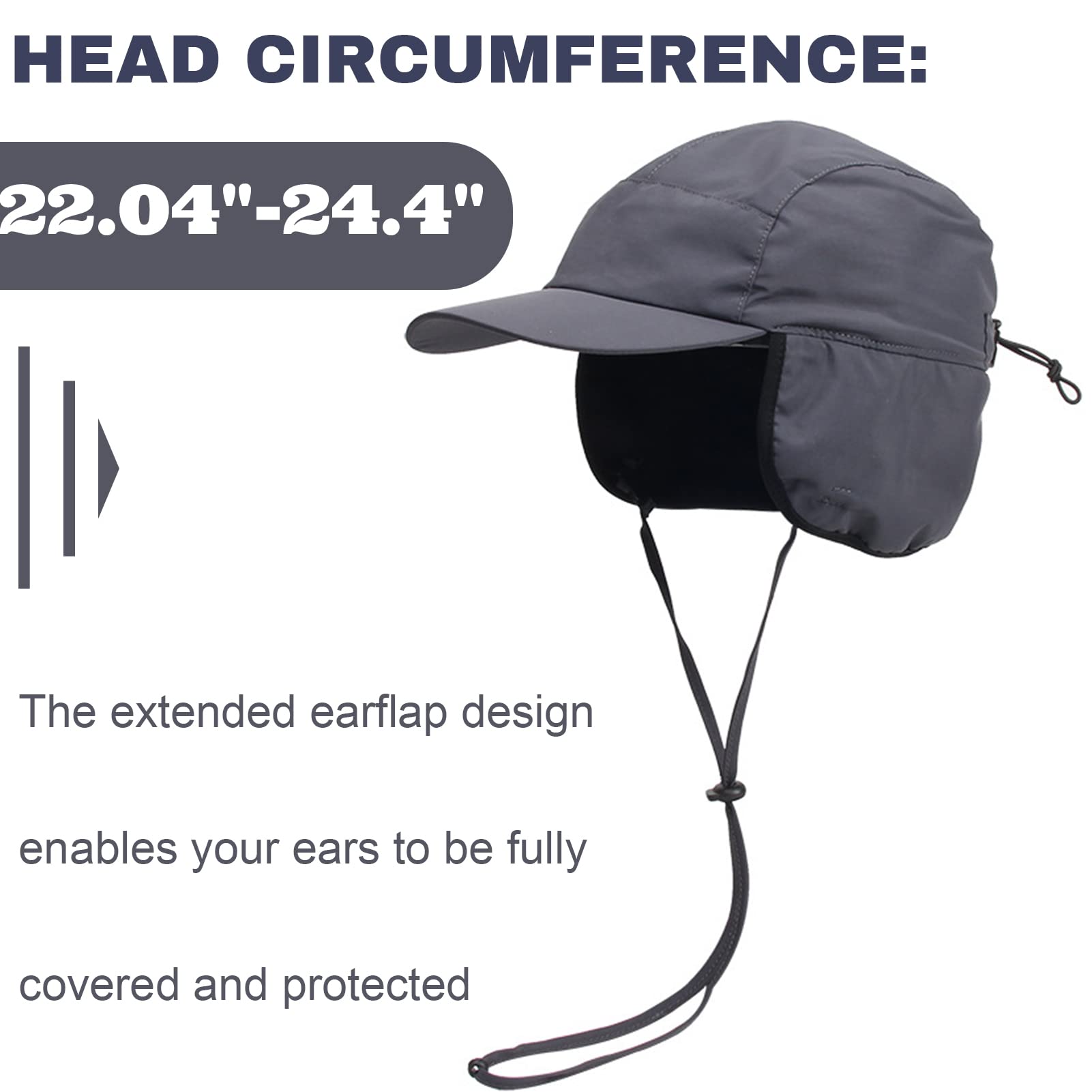 Song Qing Unisex Men's Winter Waterproof Baseball Cap Warm Fleece Lined Earflaps Cap Adjustable Hiking Cap Grey