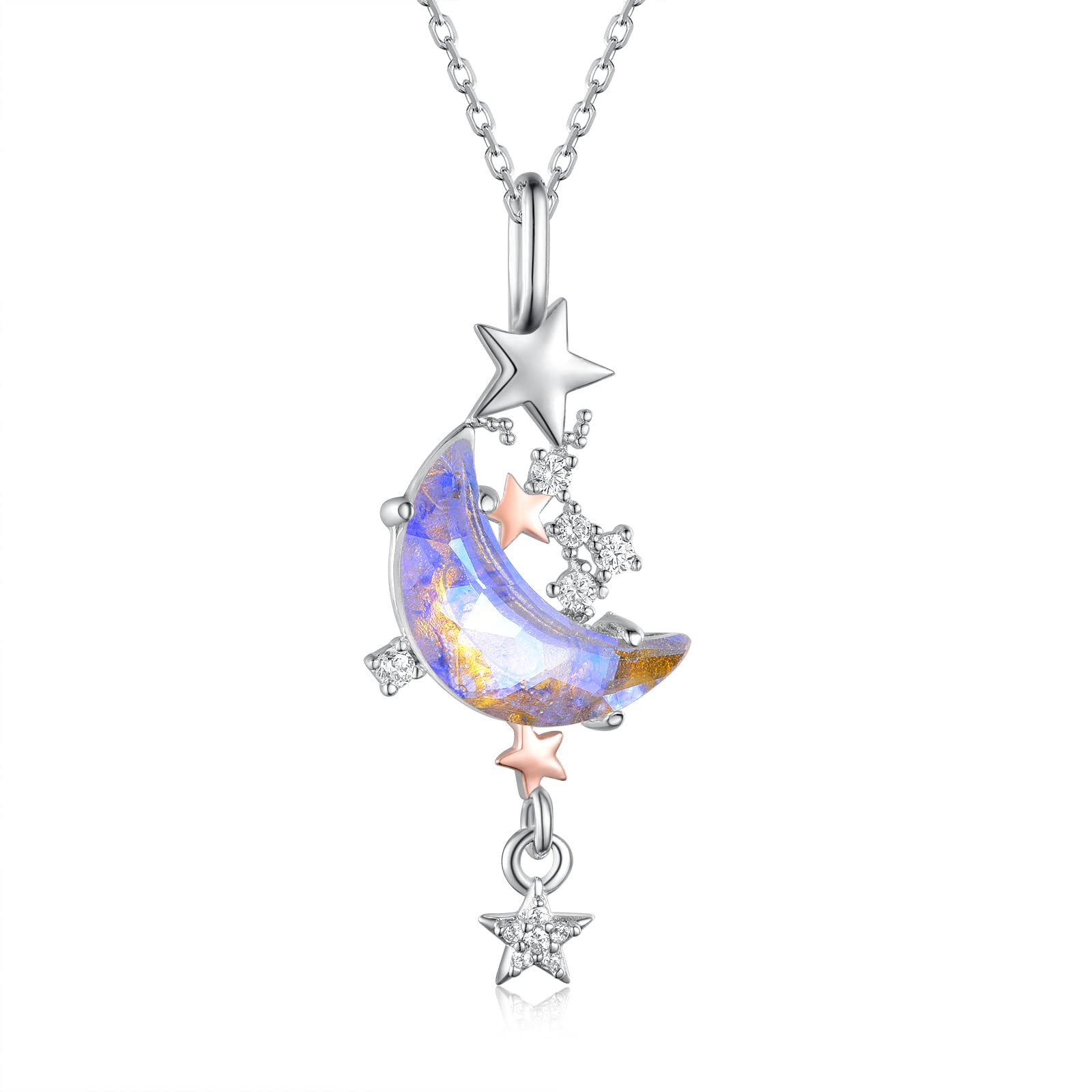 SVODEA Moonstone Moon Star Necklace for Women 925 Sterling Silver Created Cubic Zirconia Stars Moon Necklaces Anniversary Birthday Jewelry Gift for Women Mom Wife