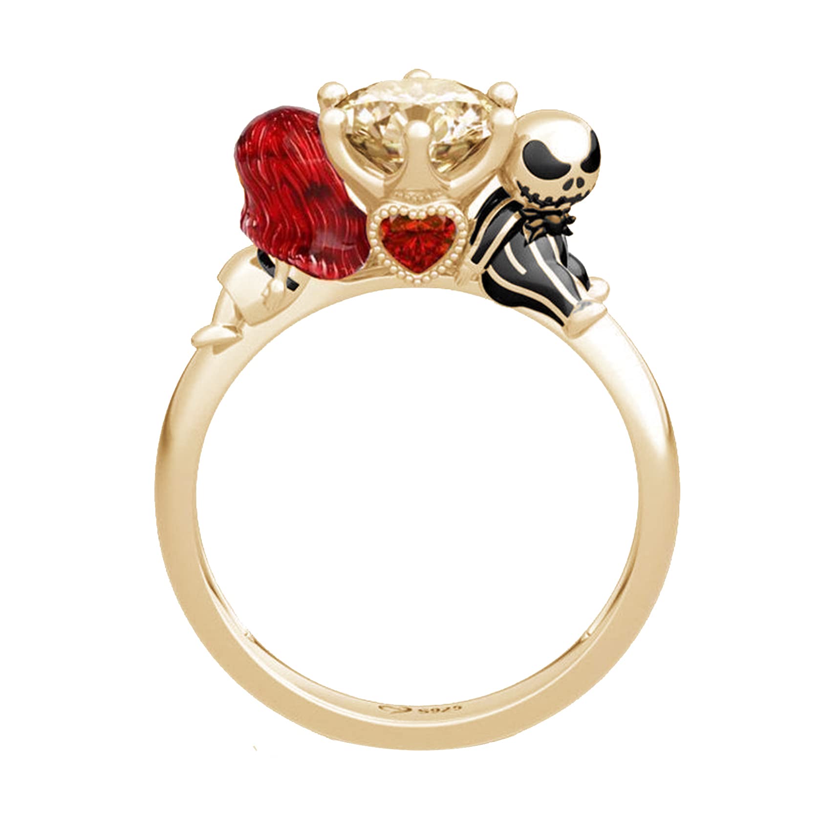 Akedimo Nightmare Before Christmas Jack Sally Promise Rings for Couples Crystal Jewelry (Gold)