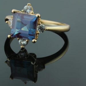 Heartland By Beverley Mitchell 10K Rose Gold 7mm Square Cut Teal Lab-Created Alexandrite & Lab-Created White Sapphire Cathedral Statement Ring - Size 8