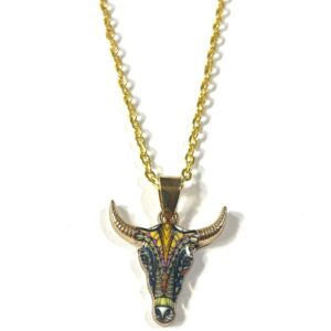 Gold Plated Longhorn Bull Skull Buffalo .75" Pendant, Multi Color Enamel, Gift Boxed